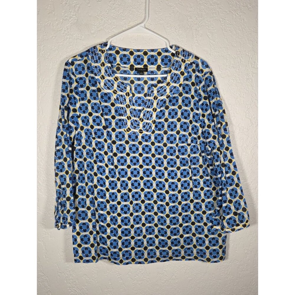 Talbots Popover Top Women’s Large Blue Geo Print 3/4 Sleeve Split V-Neck Cotton